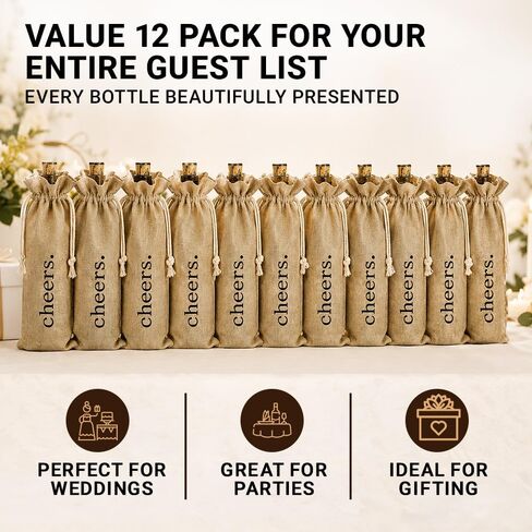 Burlap Wine Bag - 12 Jute Wine Bottle Gift Bags with Drawstring and "Cheers" Print - Gifting Supplies for Wedding, Party Favors, Christmas, Holiday and Wine Tasting Party (Brown, Cheers) in Kuwait