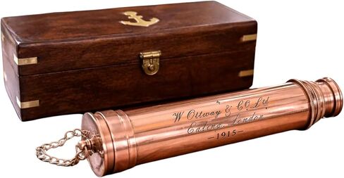 Vintage Antique Copper Finish Telescope with Wooden Box London 1915 Marine Nautical X-mas Gift in Kuwait
