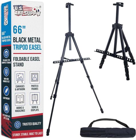 U.S. Art Supply - 66 Inch Sturdy Black Aluminum Tripod Artist Field and Display Easel Stand - Adjustable Height 20" to 5.5 Feet, Holds 32" Canvas - Floor and Tabletop Displaying, Painting in Kuwait