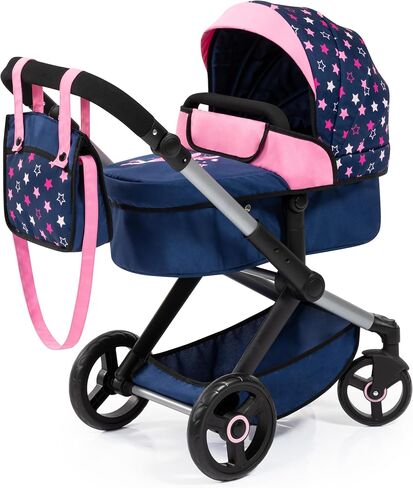 Bayer Design Dolls: Pram Xeo - Blue, Pink, Stars - Includes Shoulder Bag, Fits Dolls Up to 18", Convertible to A Pushchair, Adjustable Handle & Swivel Front Wheels, Integrated Basket, Ages 3+ in Kuwait