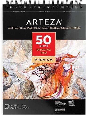 ARTEZA Drawing Paper Pad, 8 x 10 Inches, Pack of 1, 50 Sheets, Spiral Bound Artist Drawing Books, Durable Acid Free White Sketch Paper in Kuwait