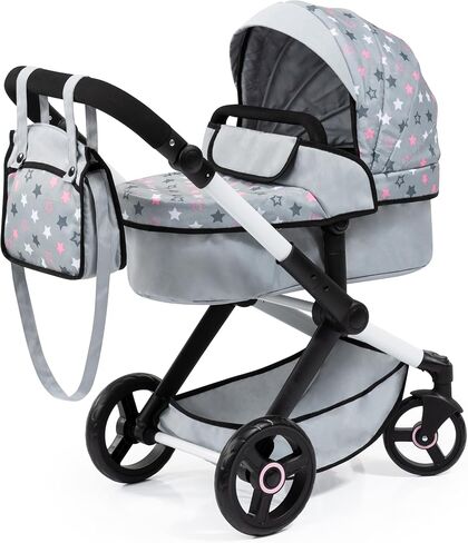 Bayer Design Dolls: Pram Xeo - Grey, Pink, Stars - Includes Shoulder Bag, Fits Dolls Up to 18', Convertible to A Pushchair, Adjustable Handle & Swivel Front Wheels, Accessory for -Plush Toys, Ages 3+ in Kuwait