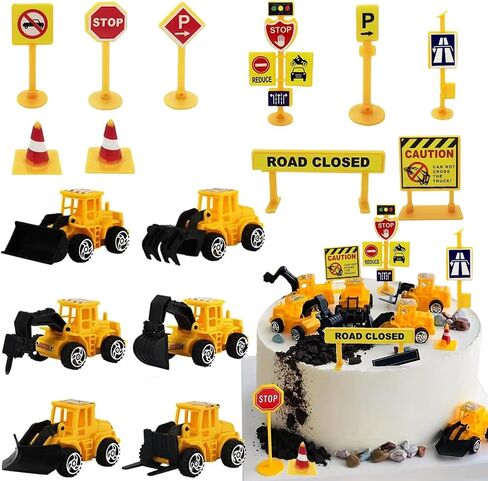 Newmemo 16pcs Construction Cake Topper Vehicles Cake Decoration Set Truck Excavator Tower Crane Cupcake Topper Traffic and Road Sign Decor Happy Birthday Party Supplies Favors for Kids Boys in Kuwait