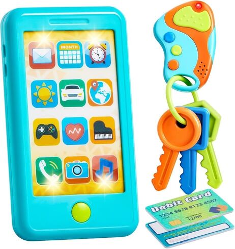 Pretend Toddler Play Phone, Learning Toy Phone Set,Keyfob Key Toy and Credit Cards Set, Kids Cellphone Toys, Girls Boys Birthday Gifts for 1 2 3 Year Old,Baby Blue, Kids Presents Toys in Kuwait