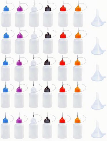 30 Pcs Precision Tip Applicator Bottles, Including 30pcs 1 Ounce Translucent Bottles, 30pcs Colored Tips and 5pcs Mini Funnels for DIY Quilling Craft, Acrylic Painting in Kuwait