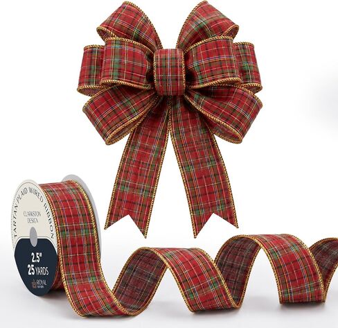 Royal Imports Wired Traditional Red Clarkston Tartan Plaid Christmas Ribbon Waterproof with Gold Edge 2 1/2" (#40) 25 Yards Roll (75 Ft), for Floral & Craft Decoration in Kuwait