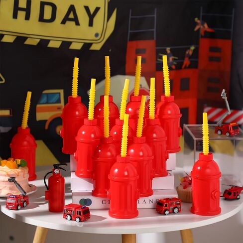 12 Pcs Fire Hydrant Straws Party Cups with Lids Firefighter Birthday Party Favors Red Plastic Fire Hydrant Party Supplies Cups for Kids Firetruck Fireman Party Decorations in Kuwait