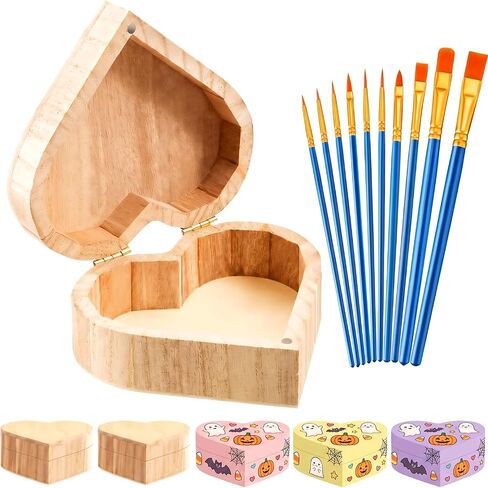 Taiyin Unfinished Valentine Heart Box Unpainted Wooden Treasure Chest with Art Brushes Wood Heart Shaped Natural Pine Box with Hinged Lid for DIY Craft Making Storage Jewelry(12 Pcs) in Kuwait