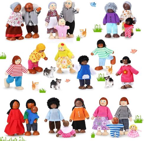 20 Pcs Wooden Dollhouse Family Set of 16 Mini People Figures and 4 Pets, Dollhouse Dolls Wooden Doll Family Cosplay Figures Accessories for Pretend Dollhouse Toy (Cute Style) in Kuwait
