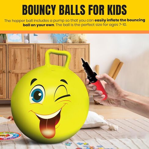 New Bounce Bouncy Ball for Kids - Bouncing Ball with Handle - Outdoor Toys for Ages 5,6,7,8,9 - Yellow Hopper Ball w/Pump in Kuwait