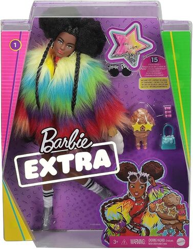 Barbie Extra Doll and Accessories with Afro-Puffs in Shaggy Rainbow Coat & Athleisure Look with Pet Poodle in Kuwait
