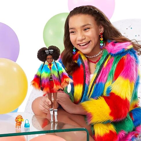 Barbie Extra Doll and Accessories with Afro-Puffs in Shaggy Rainbow Coat & Athleisure Look with Pet Poodle in Kuwait