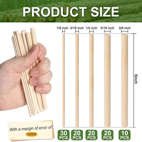 100 Pieces Wooden Dowel Rods Assorted Sizes Wooden Dowels 1/8, 3/16, 1/4, 5/16, 3/8 x 6 Inch Wood Craft Dowel Rods for Crafts and DIY in Kuwait
