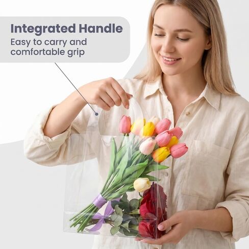 Clear Flower Bags with Handles for Bouquets Florist Shop Packaging Supplies 10 Pcs Valentine's Day 13.7 * 9.8 * 4.7 inches (A) in Kuwait