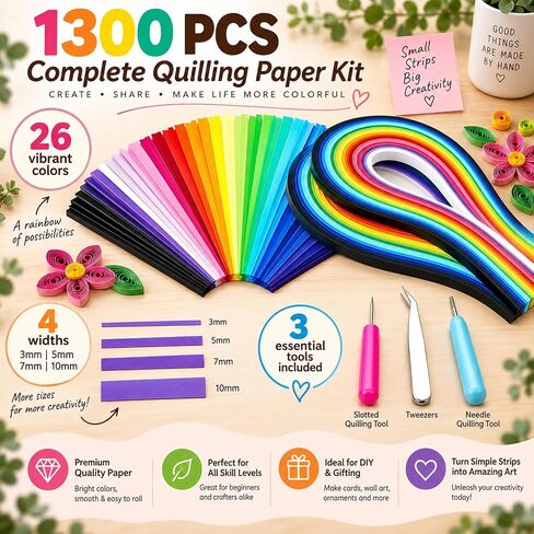 Enenes Paper Quilling Strips Kit 1300 PCS, 3 Tools, 26 Colors, 4 Widths in Kuwait