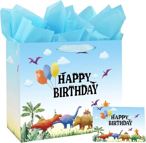 13" Large Watercolor Dinosaur Birthday Gift Bag for Boy Kids with Card and Tissue Papers in Kuwait