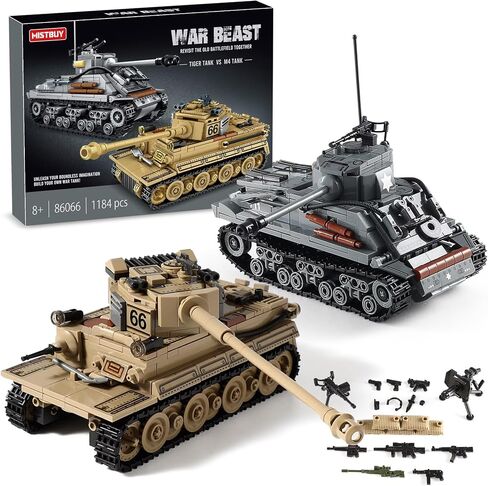 WW2 Army Tank Toys Building Kit, Create a German Tiger Tank and an American M4 Sherman Tank Model, Include 1184 Blocks, Great Military Toy Gift for Boys, Kids, and Teens Age 8-14 in Kuwait