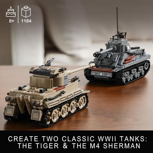 WW2 Army Tank Toys Building Kit, Create a German Tiger Tank and an American M4 Sherman Tank Model, Include 1184 Blocks, Great Military Toy Gift for Boys, Kids, and Teens Age 8-14 in Kuwait