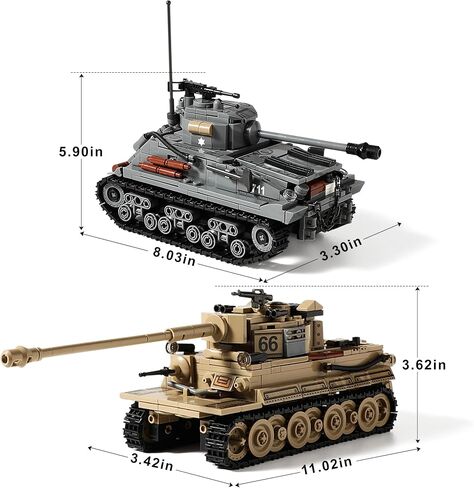 WW2 Army Tank Toys Building Kit, Create a German Tiger Tank and an American M4 Sherman Tank Model, Include 1184 Blocks, Great Military Toy Gift for Boys, Kids, and Teens Age 8-14 in Kuwait