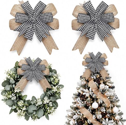 6 Pcs Christmas Burlap Bows for Wreaths Christmas Premade Bows for Tree Buffalo Plaid Wreath Bows Topper Burlap Check Bows Christmas Home Indoor Outdoor Decorations 6.3 Inch (Black and White) in Kuwait