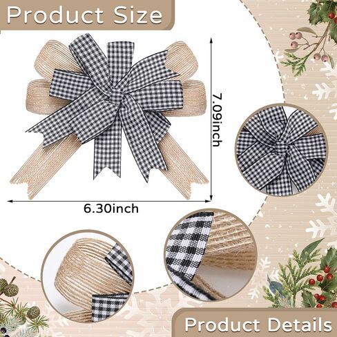 6 Pcs Christmas Burlap Bows for Wreaths Christmas Premade Bows for Tree Buffalo Plaid Wreath Bows Topper Burlap Check Bows Christmas Home Indoor Outdoor Decorations 6.3 Inch (Black and White) in Kuwait
