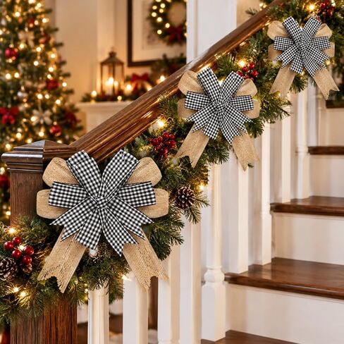 6 Pcs Christmas Burlap Bows for Wreaths Christmas Premade Bows for Tree Buffalo Plaid Wreath Bows Topper Burlap Check Bows Christmas Home Indoor Outdoor Decorations 6.3 Inch (Black and White) in Kuwait