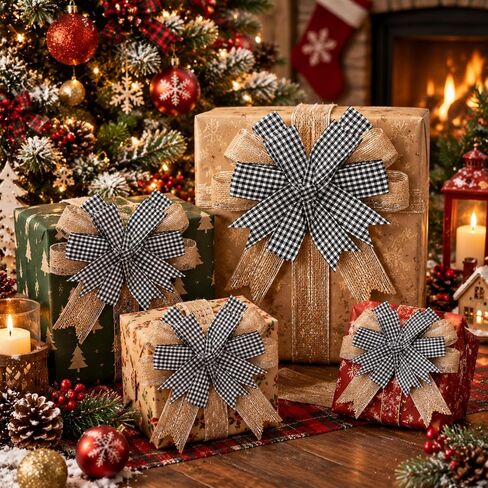 6 Pcs Christmas Burlap Bows for Wreaths Christmas Premade Bows for Tree Buffalo Plaid Wreath Bows Topper Burlap Check Bows Christmas Home Indoor Outdoor Decorations 6.3 Inch (Black and White) in Kuwait