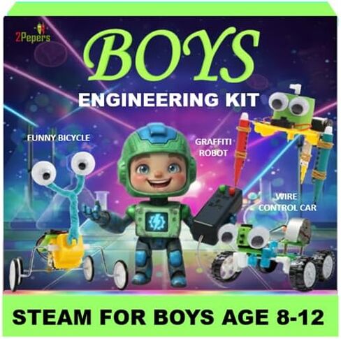مجموعات العلوم الروبوتية ذات المحرك الكهربائي 2Pepers للأطفال (4 في 1)، ألعاب STEM DIY للأطفال، مجموعات التجارب العلمية للأطفال، بناء مجموعة الروبوتات التعليمية للبنين والبنات، مجموعات مشاريع العلوم الهندسية للدوائر in Kuwait