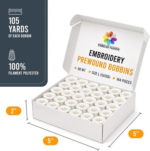 ThreadNanny 144pcs White Prewound Bobbin Thread Plastic Size L (SA155) for Brother Embroidery and Sewing Machine Polyester Thread in Kuwait