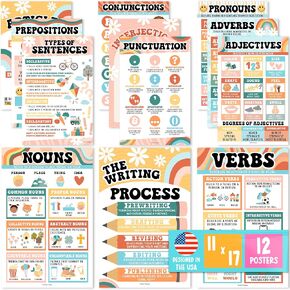 12 Parts Of Speech Posters For Classroom - Colorful Grammar Posters For Classroom Must Haves, Language Arts Posters For Elementary & Middle School , Writing Process and ELA Classroom Decor in Kuwait