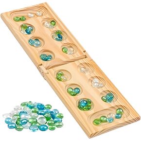 Regal Games - Wooden Mancala Game Set & Supplies - Includes Foldable Wooden Board & 48 Glass Stones - Ideal for Large Groups, Parties, Family Events - 2 Players Ages 8+ in Kuwait