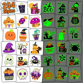 Partywind 204 PCS Individually Wrapped Sheets Glow Halloween Tattoos for Kids Party Decorations, Luminous Pumpkin/Candy/Ghost Tattoo Stickers, Kids Halloween Treats, Party Supplies in Kuwait