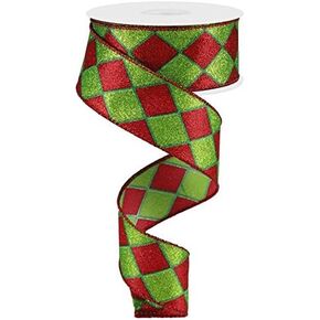 Glitter Harlequin Wired Edge Ribbon, 10 Yards (Red, Lime, Emerald, 1.5 Inches) in Kuwait