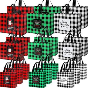 Silkfly 36 Pack Mixed Sizes Christmas Gift Bags Christmas Tote Bags Non Woven Buffalo Plaid Reusable Bags with Handles Christmas Bags Xmas Grocery Shopping Gift Wrap Bags for Holiday Xmas Event Party in Kuwait