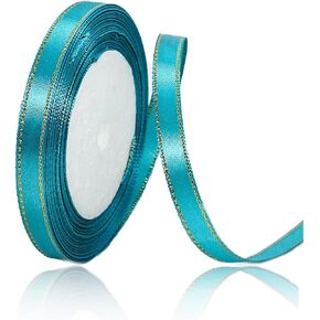 Turquoise Blue Satin Ribbons 3/8 Inch x 25 Yards, Fabric Ribbon with Gold Edges Border for Gift Wrapping, DIY Crafts, Floral Bouquet, Hair Bows, Sewing Projects, Baby Shower and Wedding Decoration in Kuwait