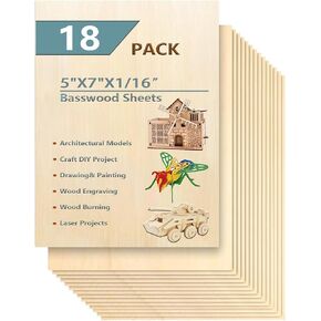 18 Pack Selected Basswood Sheets for Crafts-5 x 7 x 1/16 Inch- 1.5mm Thick Plywood Sheets - Balsa Wood Sheets -Unfinished Wood Boards for Laser Cutting, Wood Burning, Architectural Models, Staining in Kuwait
