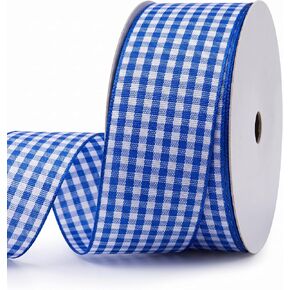 Blue Plaid Ribbon Gingham Ribbon Check Ribbon 1.5 Inch 25 Yard Each Roll 100% Polyester Woven Edge for Crafts, Gift Packing, Wedding Decoration (Blue, 1.5INCH) in Kuwait