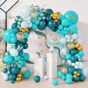 Amandir 168PCS Teal Balloons Garland Arch Kit, Double-Stuffed Dark Teal Blue Turquoise Metallic Gold Green Balloons with 12Pcs Butterfly for Birthday Wedding Baby Shower Party Decorations in Kuwait