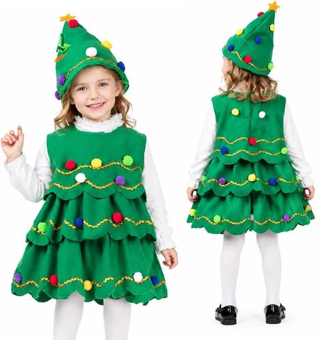 Roctocesy Christmas Tree Child Costume Outfit Toddler Girls Xmas Tree Dress and Hat Cosplay Party Elf Dress Up Gifts in Kuwait