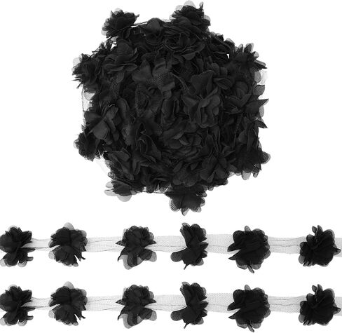 Yalulu 5 Yards 3D Chiffon Cluster Flowers DIY Lace Trim Dress Decoration Tulle Fabric Applique Trimming Craft Sewing (Black) in Kuwait