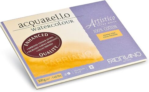 Fabriano Artistico Acquarello, Extra White, Fine Grain, Cold Pressed, 23 x 30.5 cm, 20 Sheets, 300 g/m², Artists' Watercolour Cardboard, Pad Glued on 4 Sides, 23 x 30,5 cm in Kuwait