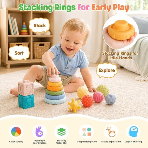 Montessori Toys Soft Stacking Building Blocks Rings Balls Sets 3 in 1 Baby Toys Bundle for Babies 6-12 Months Sensory Toys for Toddlers 1-3 Teething Bath Toys for Infants Learning Toy in Kuwait