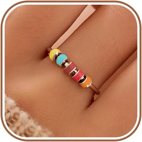 LOVECOM 925 Sterling Silver Fidget Ring Anti Anxiety Ring With Colorful Enamel Beads Stress Relief Spinner Ring For Women Men Releases Anxiety Spinning Rotate Stacking Ring Jewelry Christmas Gifts in Kuwait