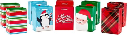 Hallmark Image Arts 5" Small Christmas Gift Bag Bundle (10 Bags: Santa, Plaid, Stripes, Penguin) for Kids, Coworkers, Gift Cards, Party Favors in Kuwait
