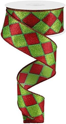 Glitter Harlequin Wired Edge Ribbon, 10 Yards (Red, Lime, Emerald, 1.5 Inches) in Kuwait