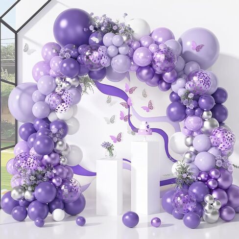 Amandir 145Pcs Purple Balloons Garland Arch Kit for Butterfly Baby Shower Decorations for Girl, 12Pcs Butterfly Stickers Lavender Purple Confetti Metallic Balloon for Birthday Wedding Party Decoration in Kuwait