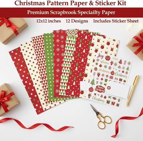 12" Christmas Pattern Paper & Sticker Kit Red Scrapbook Premium Specialty Paper Double-Sided 12"x12" with 12 Designs 36 sheets for Scrapbooking Card Making Crafting in Kuwait