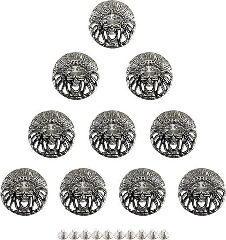 brandname Duolai 10pcs Antique Indians Skull Head Carving Craft Purses Leather Decoration Conchos Buttons Metal Stud Screw Back Rivet Personality Handmade Leather Product Accessories, silver in Kuwait