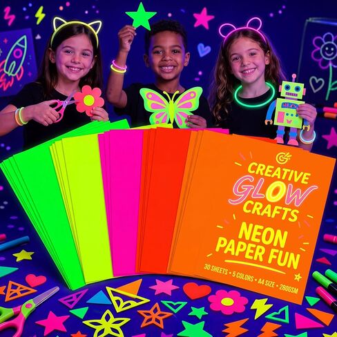 40 Sheets Neon Papers Glow Party Decorations Neon Party Supplies Cardstock DIY UV Blacklight in The Dark for Dance Floor Fluorescent Birthday Wedding Favors, 5 Colors in Kuwait