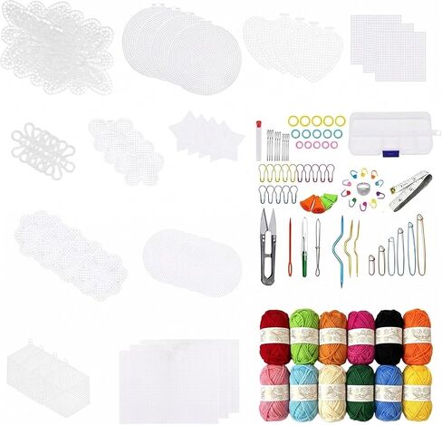 Aulufft 136 Pieces Mesh Plastic Canvas Kit Including 53 PCS 11 Shapes Clear Plastic Canvas and Embroidery Tools for Embroidery Plastic Canvas Craft in Kuwait